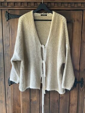 Studio Tan/Cream Tie Front Knit Cardigan Oversized Boho Made in Italy. L